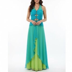 Expose Paris Halter Neck Beaded Cutout Ruched Maxi Dress Size 8 Teal Lime Green